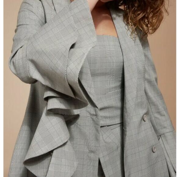 C/MEO COLLECTIVE Ruffled Bell Sleeve Plaid Double Breasted Blazer Gray - Picture 2 of 6